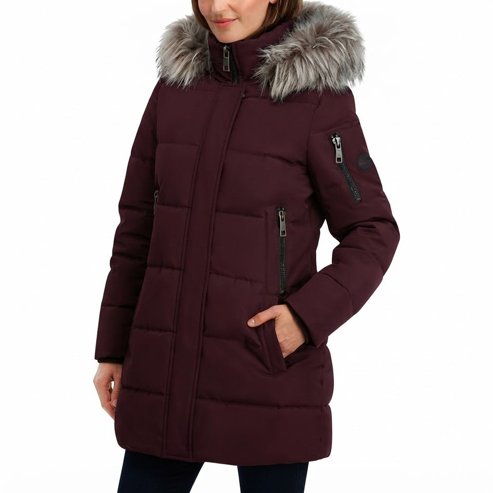 Nautica Women's Dark Plum Faux Fur Hooded Quilted Puffer Coat