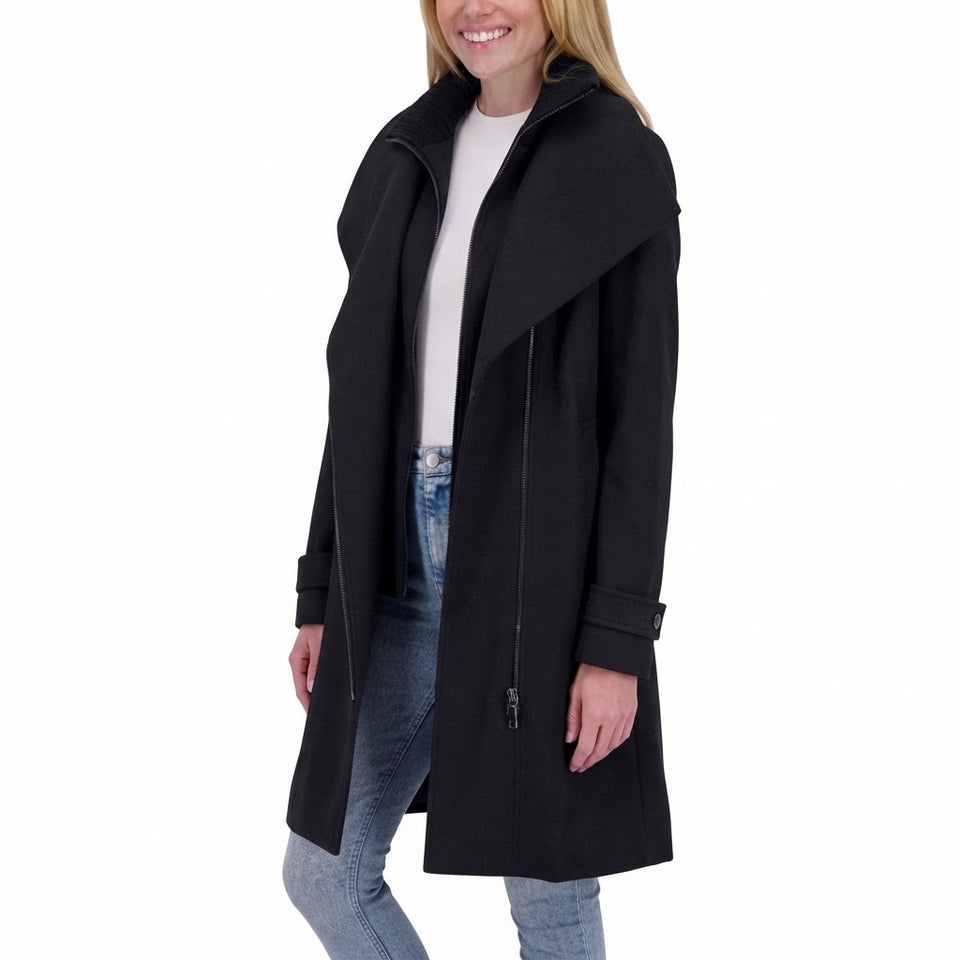 Halston Women's Black Petite Casual Asymmetric Trench Coat