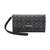 A black Bebe wallet with a repeating gray logo pattern and a black wristlet strap, featuring a gold-tone 'bebe' logo on the front, set against a plain white background.