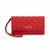 A red quilted leather clutch bag with a wristlet strap and a gold-tone 'bebe' logo on the front, shown against a plain white background.