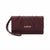A burgundy textured faux-leather clutch wallet with a wristlet strap and gold-tone 'bebe' logo on the front, shown on a plain white background.