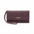 A dark purple pebbled leather clutch bag with an allover tonal monogram pattern, featuring a wristlet strap and a gold-tone 'bebe' logo on the front flap.