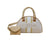 A beige dome-shaped handbag with a matching small pouch, featuring vertical white and gold stripes, gold-tone hardware, and the brand name 'bebe' printed on the front, set against a plain white background.