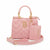 A pink textured leather handbag with a top handle, gold-tone hardware, a matching card holder, and a detachable shoulder strap, shown on a white background.