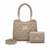 A taupe quilted handbag with a matching zip-around wallet and a coiled shoulder strap, displayed on a clean white background. The handbag features a braided top handle, gold-tone hardware, and a quilted diamond pattern.
