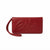 A red leather clutch bag with a wrist strap, featuring an embossed cursive logo on the front, set against a plain white background.