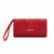 A red textured faux-leather clutch wallet with a wristlet strap and gold 'bebe' logo on the front, shown on a plain white background.