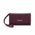 A dark plum purple textured leather wristlet clutch with a gold 'bebe' logo on the front, shown on a plain white background.