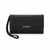 A black quilted leather clutch bag with a wristlet strap and gold-tone 'bebe' logo on the front, set against a plain white background.