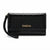 A black patent leather clutch wallet with a wristlet strap, featuring a subtle embossed circular pattern and a gold-tone 'bebe' logo on the front, set against a plain white background.
