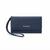 A navy blue textured clutch wallet with a matching wristlet strap and gold 'bebe' logo on the front, set against a plain white background.