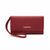 A red textured leather clutch wallet with a wrist strap and gold 'bebe' logo, shown on a plain white background.