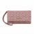 A dusty pink Bebe brand wristlet clutch with an allover tonal logo pattern and a gold-tone 'bebe' logo on the front flap, shown on a plain white background.