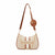A beige and brown shoulder bag with a gold-tone chain strap and a matching round coin purse attached by a leather loop, shown on a plain white background.