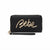 A black pebbled leather zip-around wallet with a wristlet strap, featuring a prominent metallic gold script logo on the front that reads 'Bebe'.