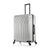 A silver hardside spinner suitcase with a textured chevron pattern, black telescoping handle, and four wheels, shown on a white background with a subtle reflection.