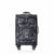 A rolling suitcase with a dark gray and black leafy camouflage pattern, featuring four spinner wheels, a top carry handle, and a front zippered pocket, shown against a plain white background.