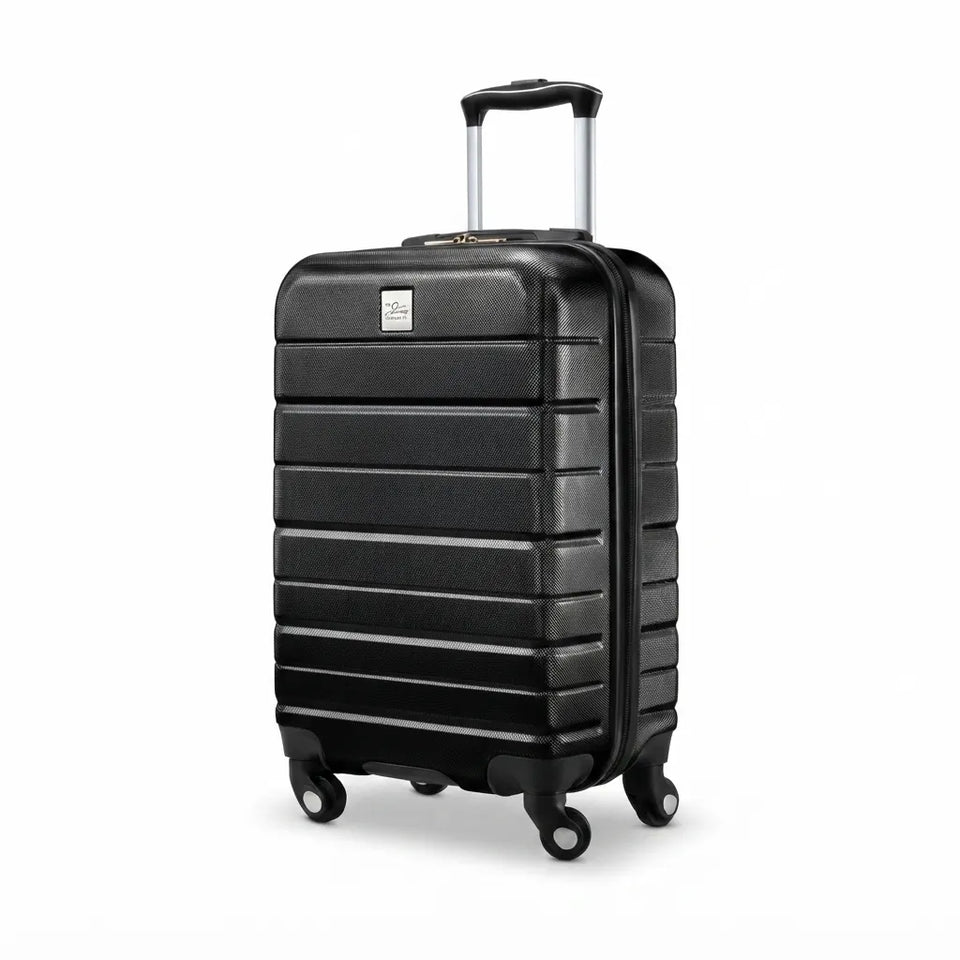A black hard-shell spinner suitcase with a textured horizontal ribbed design, featuring an extended telescopic handle and four multi-directional wheels, shown on a plain white background.
