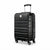 A black hard-shell spinner suitcase with a textured horizontal ribbed design, featuring an extended telescopic handle and four multi-directional wheels, shown on a plain white background.