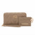A taupe quilted wallet and matching card holder set with rose gold-tone hardware and logo details, shown on a plain white background.