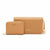 A tan leather wallet set from Bebe, featuring a smaller zip-around wallet in front of a larger woven clutch with a wrist strap and gold-tone lock, on a white background.