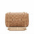 A beige monogrammed leather shoulder bag with gold-tone hardware, featuring a front strap closure with the brand name 'bebe' in the center and a matching rectangular 'bebe' plaque in front, set against a plain white background.