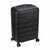A black hard-shell spinner suitcase with a textured finish, featuring horizontal ridges, a top handle, and four wheels, shown on a plain white background.