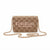 A beige and brown monogram shoulder bag with a gold-tone chain strap, featuring the text 'bebe los angeles' printed on the front, set against a plain white background.