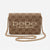 A brown monogram shoulder bag with a gold-tone chain strap and 'bebe los angeles' printed on the front, set against a plain light background.