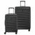 Two hard-shell spinner suitcases in black with a ribbed texture, shown on a plain white background. The larger suitcase stands behind the smaller one, both with telescoping handles extended.