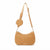 A tan woven leather shoulder bag with a matching adjustable shoulder strap and a small round zippered pouch attached near the top, shown on a plain white background.