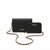A black crossbody bag with gold studs and a matching zip-around wallet, both featuring the 'bebe' logo in gold, displayed on a clean white background with a gold-and-black chain strap.
