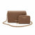 A brown faux-leather crossbody bag with gold-tone chain strap and studs, shown with a matching zip-around wallet on a white background. Both pieces feature the 'bebe' brand name in gold.