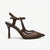 A dark brown pointed-toe high heel pump with an ankle strap, studded mesh upper, and gold-tone hardware, shown against a plain white background.