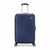 A navy blue hardshell suitcase with diagonal grooved lines, featuring a silver telescopic handle and four spinner wheels, shown on a white background.