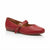 A red leather Mary Jane flat shoe with a gold-tone buckle strap, shown from a side profile on a white background.