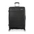 A black hardshell spinner suitcase with a textured horizontal ribbed design, featuring an extended telescopic handle and four wheels, shown on a plain white background.