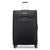 A black softside spinner suitcase with an extended telescoping handle, shown from the front on a clean white background.