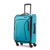 A turquoise blue carry-on suitcase with black trim, a telescoping handle, and four spinner wheels, shown on a plain white background.