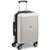 A hard-shell spinner suitcase in a light cream/off-white color with black trim, a telescoping handle, and four wheels, shown on a plain white background.