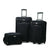 Three-piece black softside luggage set including a carry-on bag, a medium suitcase, and a large suitcase with telescoping handles and wheels, shown on a white background.
