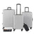 Three-piece silver spinner luggage set with telescoping handles, a small black pouch, and a small brown-and-black organizer bag on a white background.