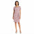 A woman modeling a short-sleeve knee-length dress with a pink, gray, and white tropical leaf print, standing against a plain white background.