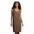 A woman modeling a sleeveless brown shift dress with a decorative beaded neckline, set against a plain white background.