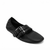 A single black leather ballet flat shoe with a square toe and a wide strap featuring a silver buckle, shown on a plain white background.