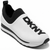 A white slip-on sneaker with a black collar, black sole accents, and a large black embroidered 'DKNY' logo on the side, shown on a white background.
