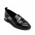 A glossy black patent leather penny loafer with a gold-tone metal accent on the strap and a gold accent on the heel, shown on a white background.