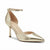 A metallic gold pointed-toe high heel pump with an ankle strap, shown from a side profile on a white background. The brand name 'MARY PETER' is visible on the insole.