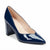 A single navy blue patent leather pump with a block heel and pointed toe, shown from a three-quarters angle on a white background.