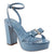 A light blue patent leather platform sandal with a chunky block heel, double front straps, and an ankle strap with a gold buckle, shown on a white background.